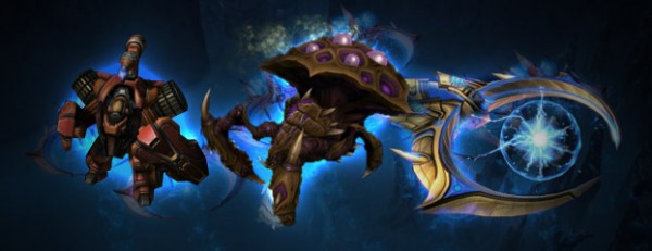 Left to Right: Terran Hellbat, Zerg Swarm Host, Protoss Tempest