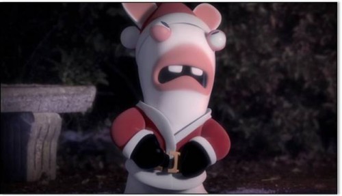 Screen shot from the Raving Rabbids christmas wishes video.
