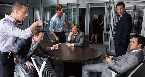 Left to right: Jeremy Strong plays Vinnie Daniel, Rafe Spall plays Danny Moses, Hamish Linklater plays Porter Collins, Steve Carell plays Mark Baum, Jeffry Griffin plays Chris and Ryan Gosling plays Jared Vennett in The Big Short from Paramount Pictures and Regency Enterprises