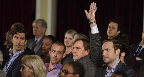 Left to right: Hamish Linklater plays Porter Collins, Jeremy Strong plays Vinny Peters, Steve Carell plays Mark Baum, Ryan Gosling (rear) plays Jared Vennett and Rafe Spall plays Danny Moses in The Big Short from Paramount Pictures and Regency Enterprises